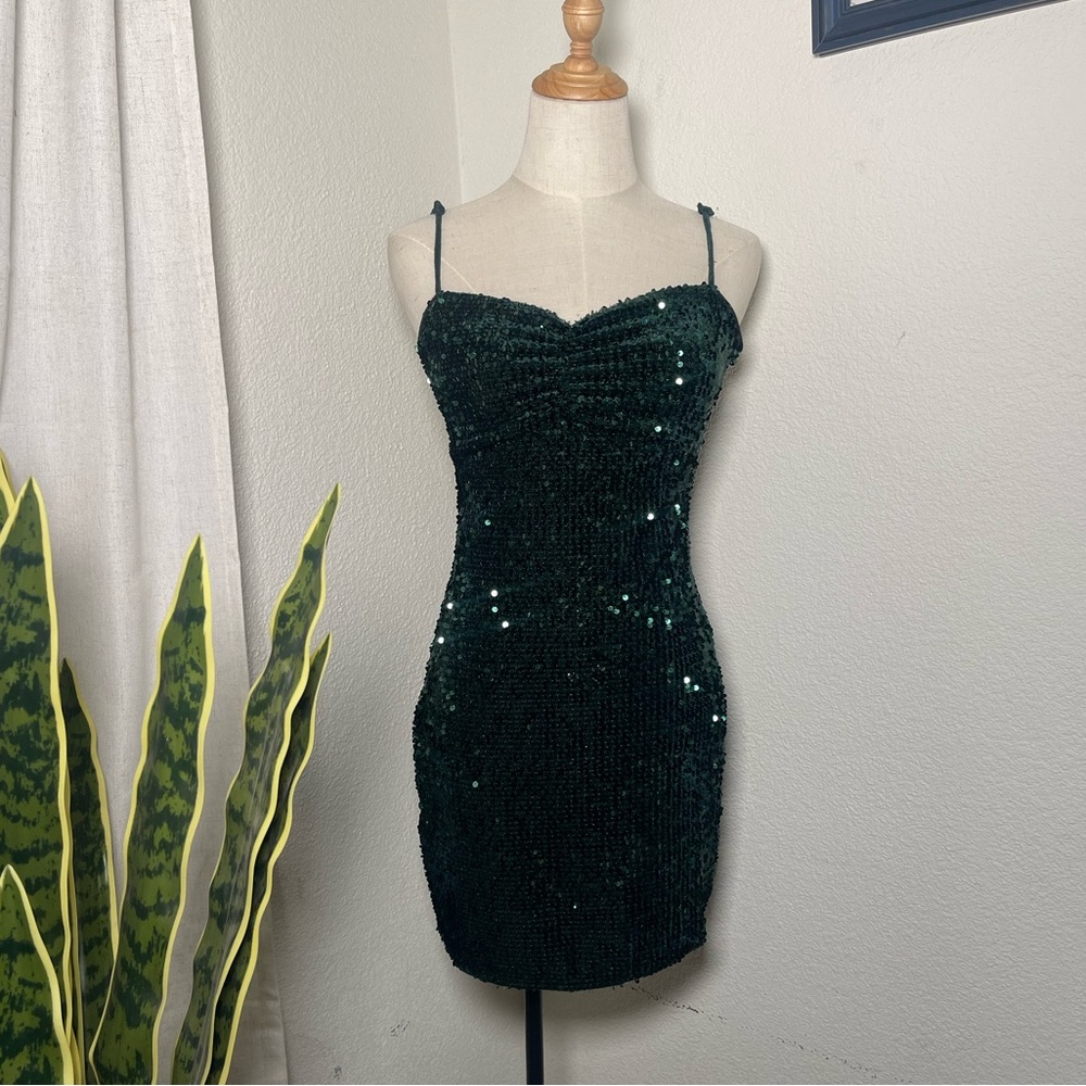 🍀ZARA Emerald Green Sequin Mini Slip Dress • Cowl Neck • Holiday Party • Size S
